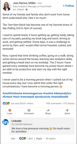 LinkedIn Post of Jess Ramos, Data Analytics Manager, of FreeForm.